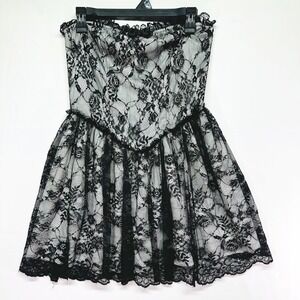 Widow Black Floral Lace Strapless Mini Dress White Lining Goth M *see flaw pics*